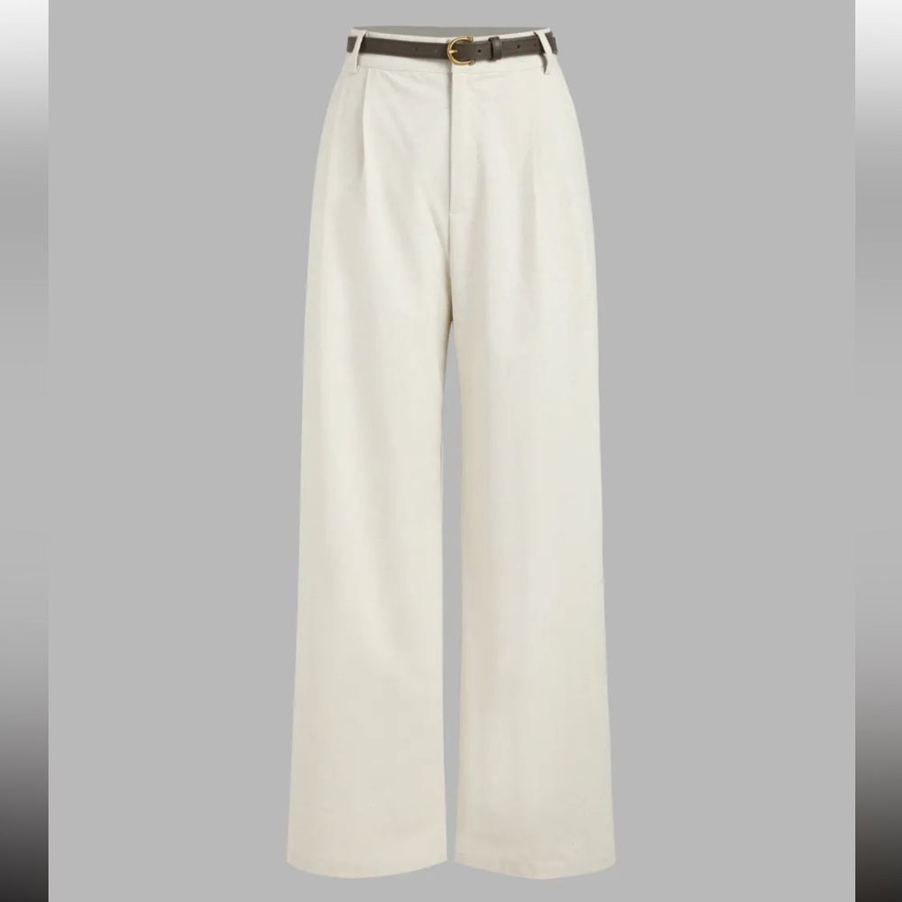 SOLID LINEN BLEND BELTED WIDE LEG PANTS BEIGE & BLACK